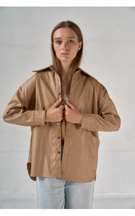 Сорочка кожзам довгий рукав AFTF Basic W2216 Бежевий - фото 2