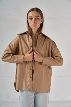 Сорочка кожзам довгий рукав AFTF Basic W2216 Бежевий